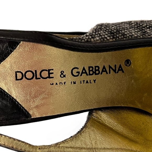 Dolce & Gabbana Black & Gray Tweed Slingback Heels Black Bow Wooden Heels Size 6 - Picture 11 of 13